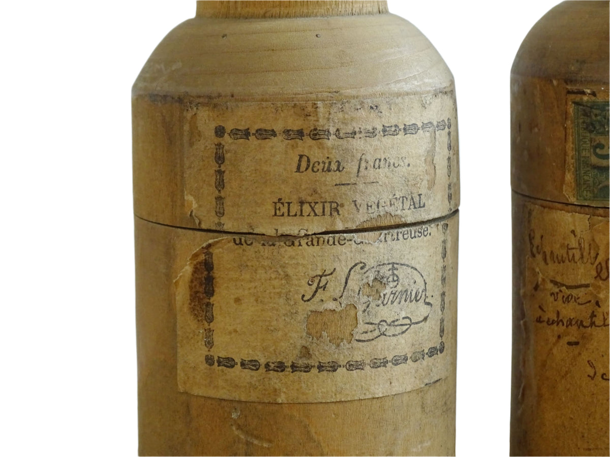 Two Antique French Glass Vials in Wooden Cases, Antique glass bottles, Elixir Végétal de la Grand-Chartreuse