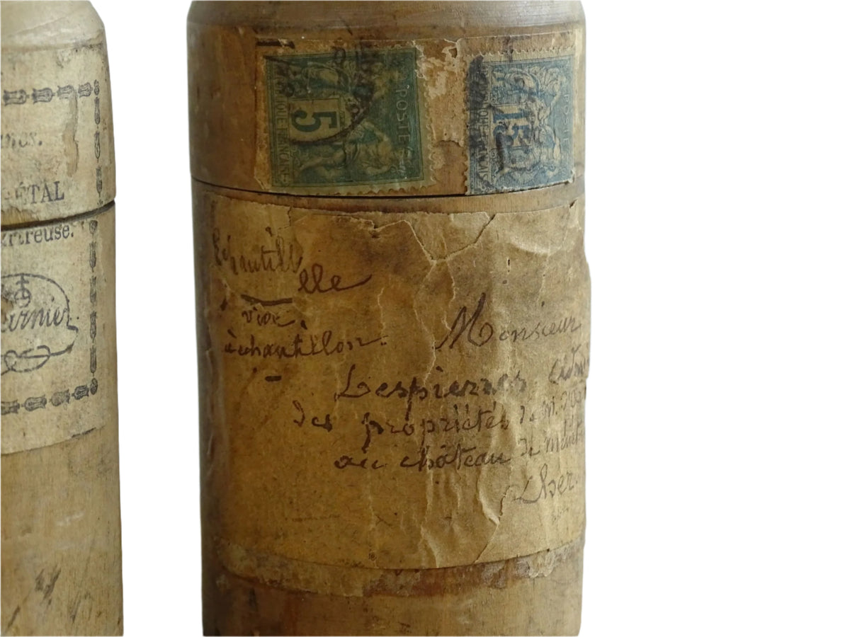 Two Antique French Glass Vials in Wooden Cases, Antique glass bottles, Elixir Végétal de la Grand-Chartreuse