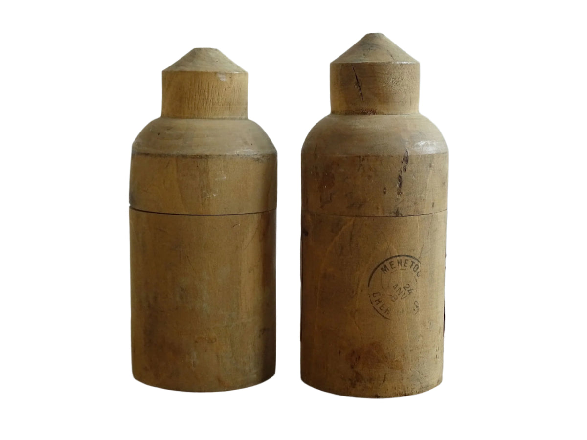 Two Antique French Glass Vials in Wooden Cases, Antique glass bottles, Elixir Végétal de la Grand-Chartreuse