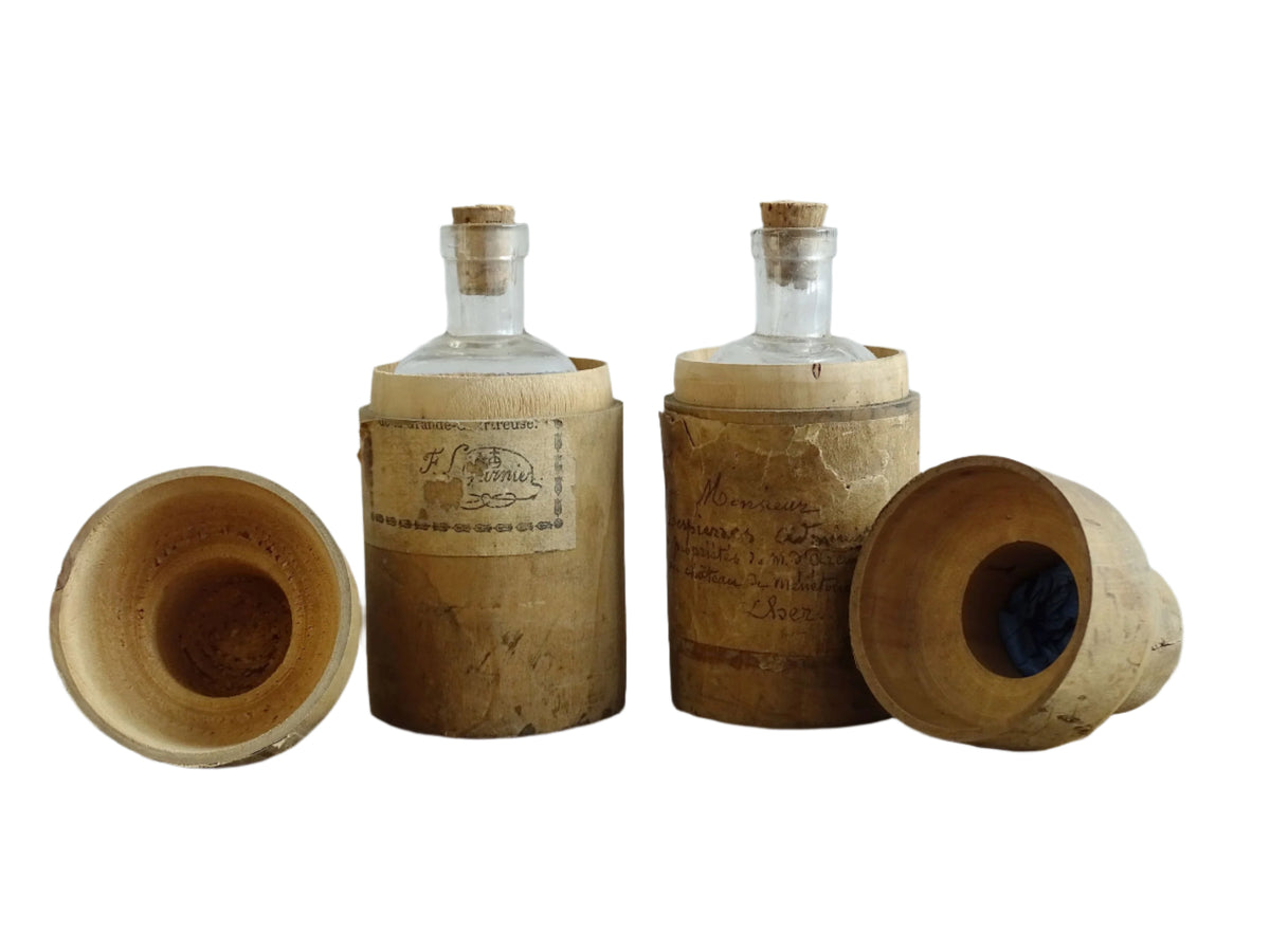 Two Antique French Glass Vials in Wooden Cases, Antique glass bottles, Elixir Végétal de la Grand-Chartreuse