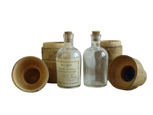 Two Antique French Glass Vials in Wooden Cases, Antique glass bottles, Elixir Végétal de la Grand-Chartreuse
