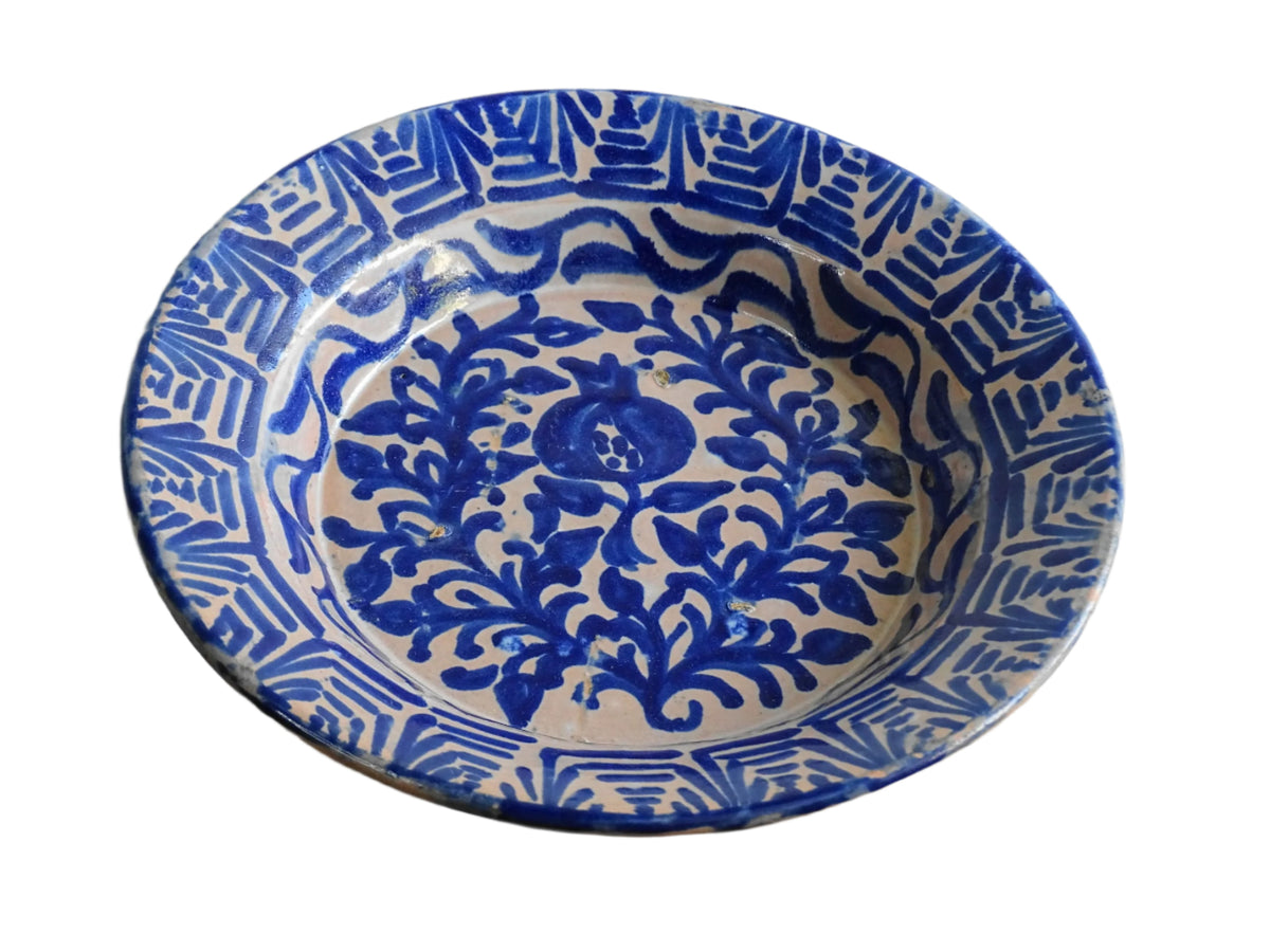 Antique Spanish Fajalauza Bowl with Blue Hand-Painted Pomegranate