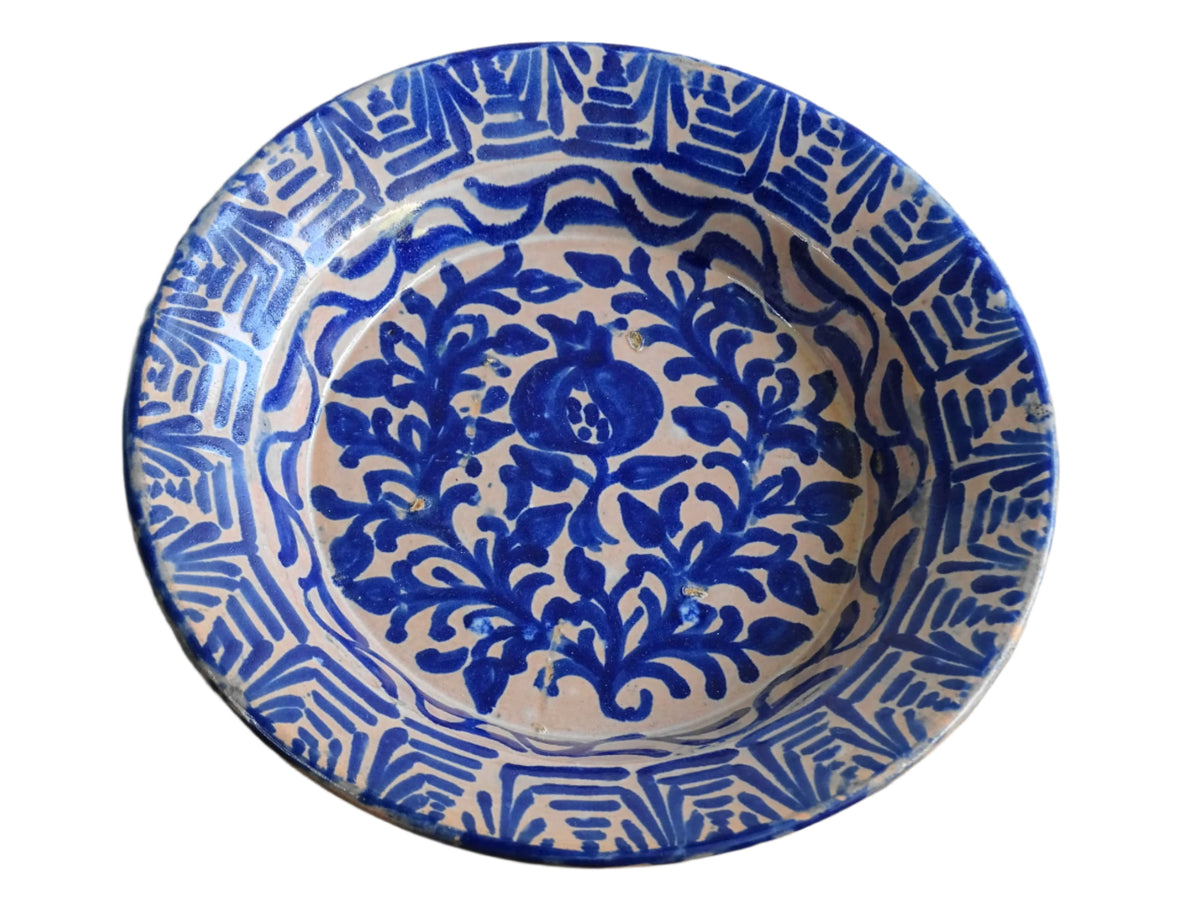 Antique Spanish Fajalauza Bowl with Blue Hand-Painted Pomegranate