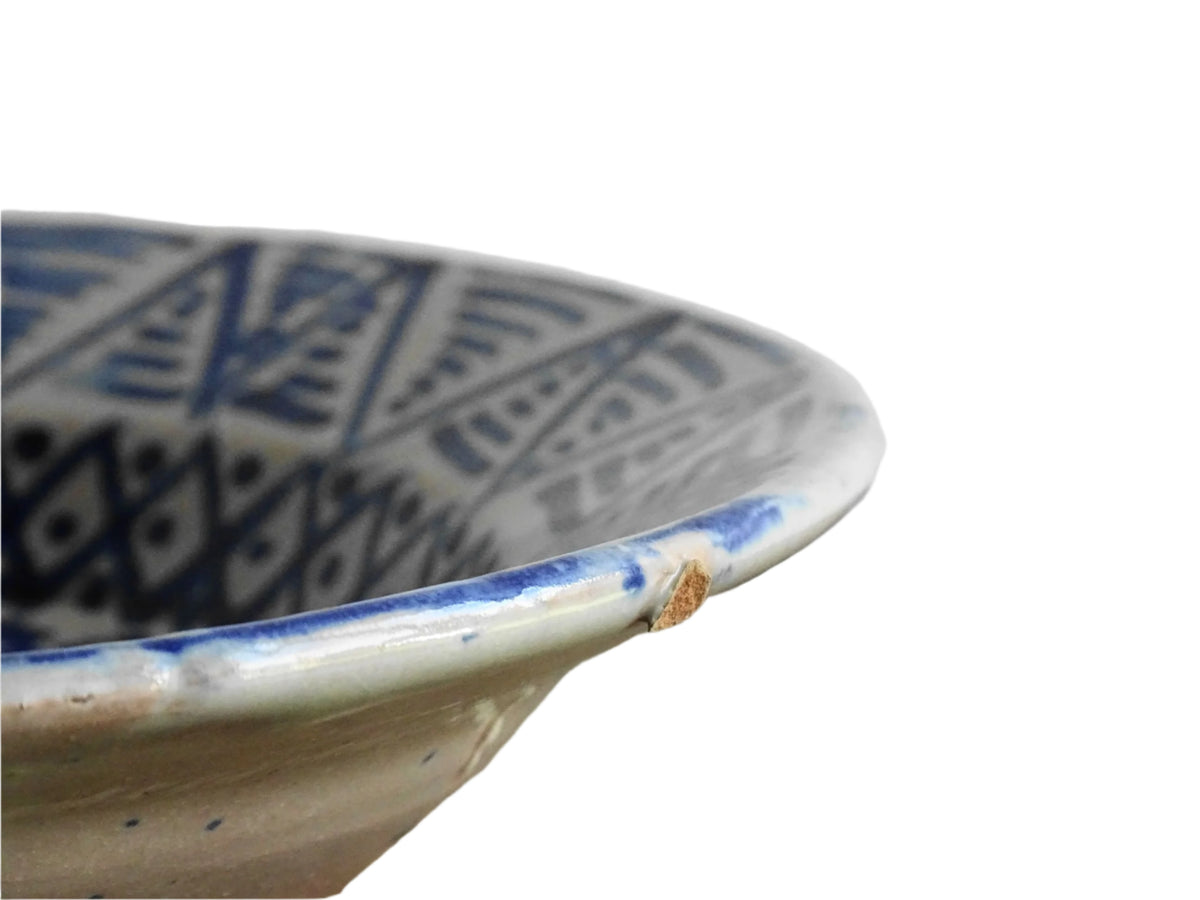 Antique Spanish Fajalauza Bowl with Blue Hand-Painted Pomegranate