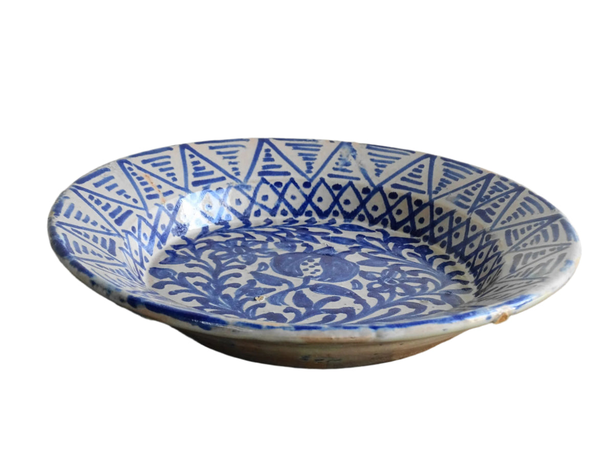 Antique Spanish Fajalauza Bowl with Blue Hand-Painted Pomegranate