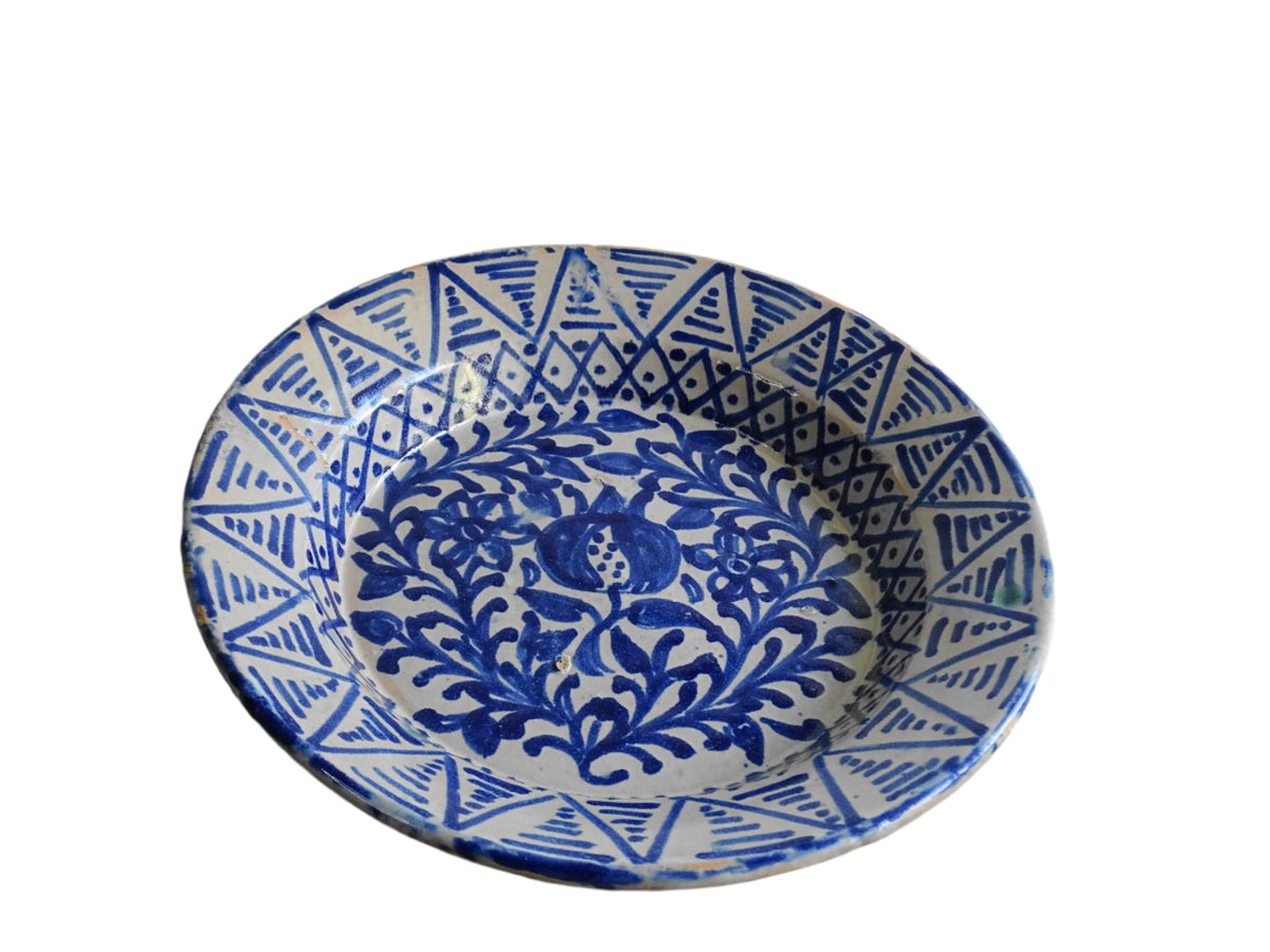 Antique Spanish Fajalauza Bowl with Blue Hand-Painted Pomegranate