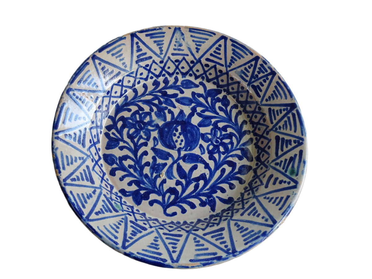 Antique Spanish Fajalauza Bowl with Blue Hand-Painted Pomegranate