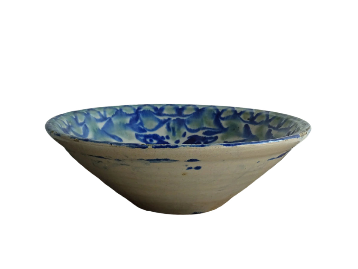 Antique Spanish Fajalauza Bowl in Green and Blue with Hand-Painted Birds, Spanish Terracotta Lebrillo