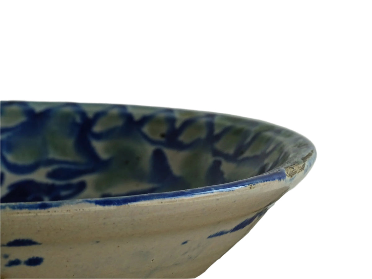 Antique Spanish Fajalauza Bowl in Green and Blue with Hand-Painted Birds, Spanish Terracotta Lebrillo