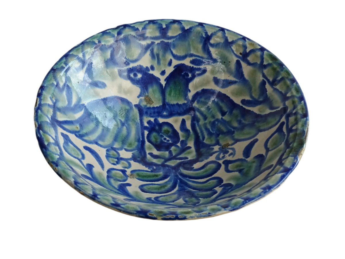 Antique Spanish Fajalauza Bowl in Green and Blue with Hand-Painted Birds, Spanish Terracotta Lebrillo