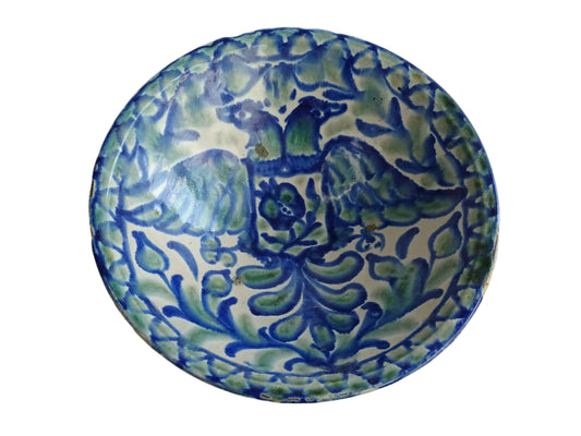 Antique Spanish Fajalauza Bowl in Green and Blue with Hand-Painted Birds, Spanish Terracotta Lebrillo