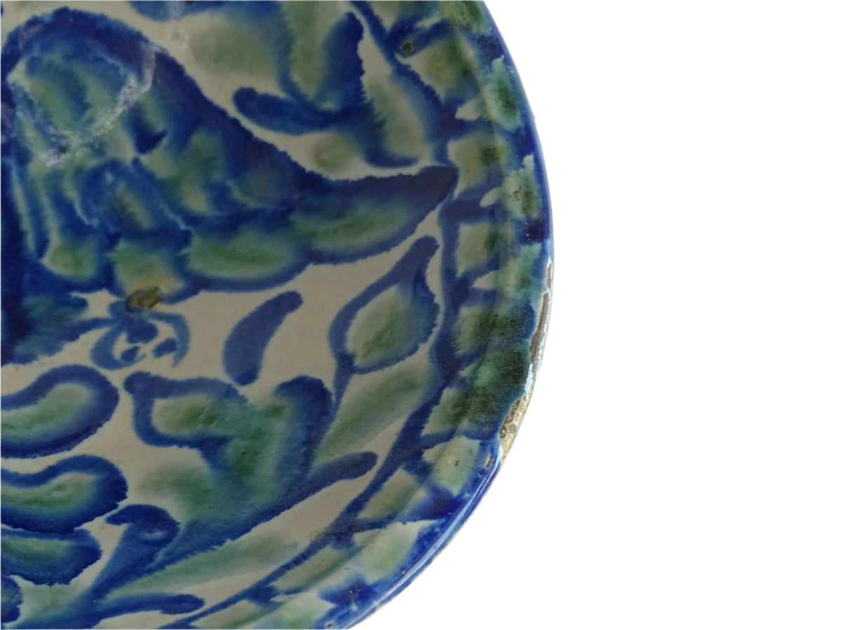 Antique Spanish Fajalauza Bowl in Green and Blue with Hand-Painted Birds, Spanish Terracotta Lebrillo