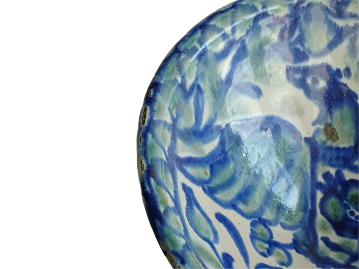 Antique Spanish Fajalauza Bowl in Green and Blue with Hand-Painted Birds, Spanish Terracotta Lebrillo