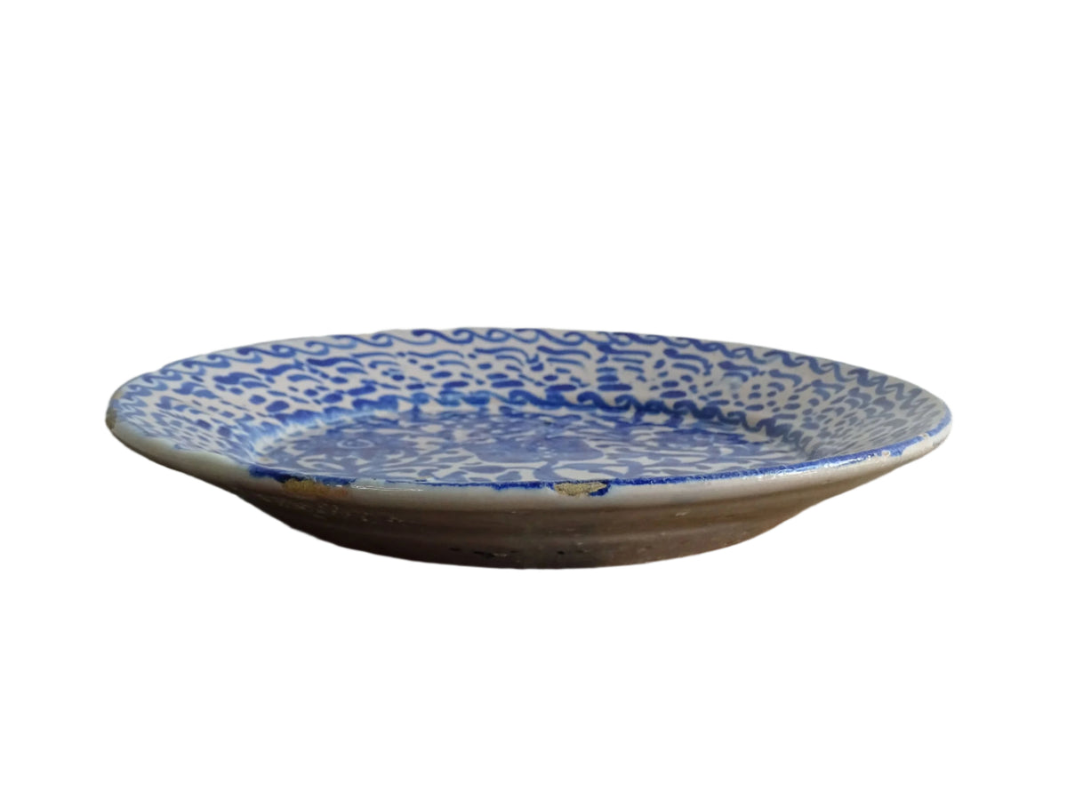 Antique Spanish Fajalauza Plate with Blue Hand-Painted Pomegranate