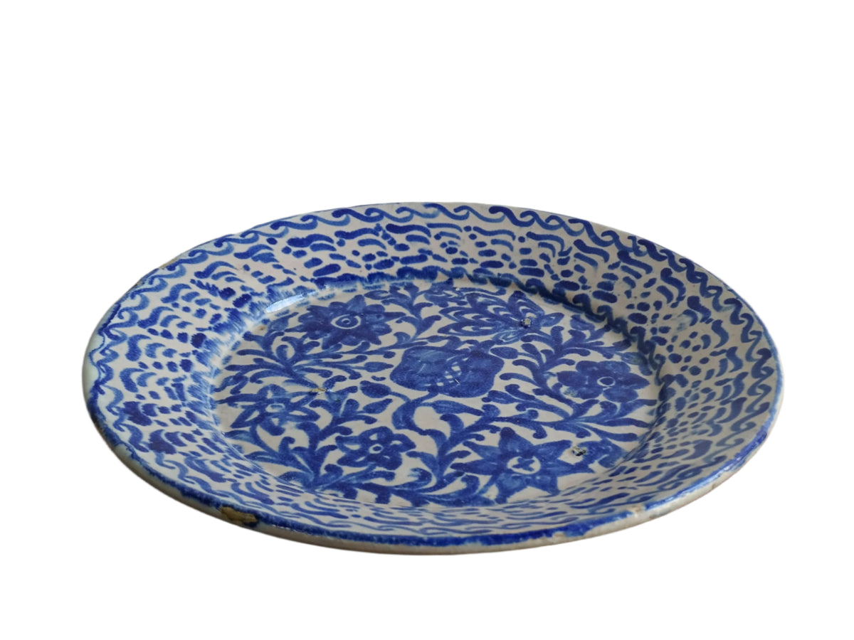 Antique Spanish Fajalauza Plate with Blue Hand-Painted Pomegranate