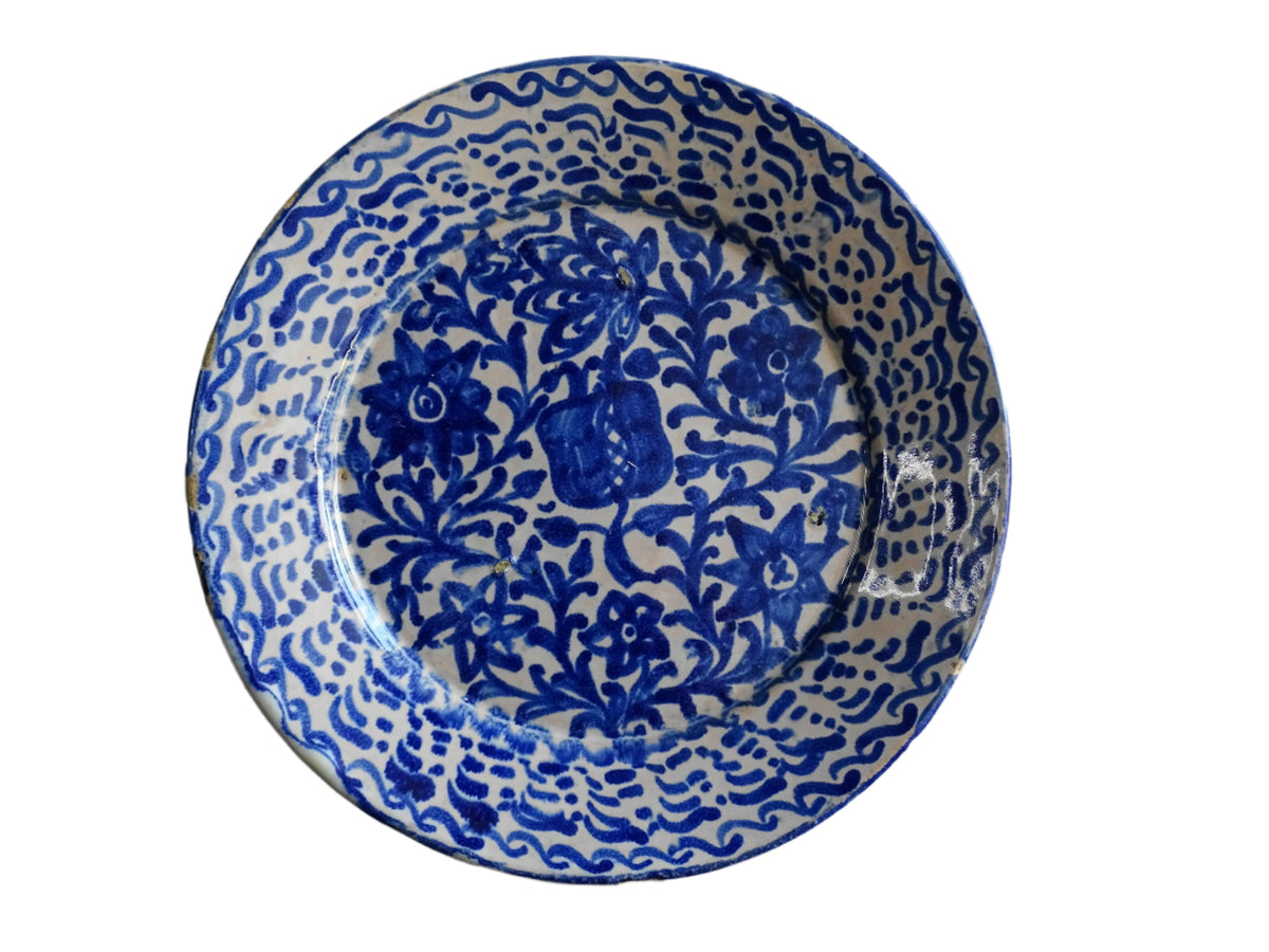 Antique Spanish Fajalauza Plate with Blue Hand-Painted Pomegranate