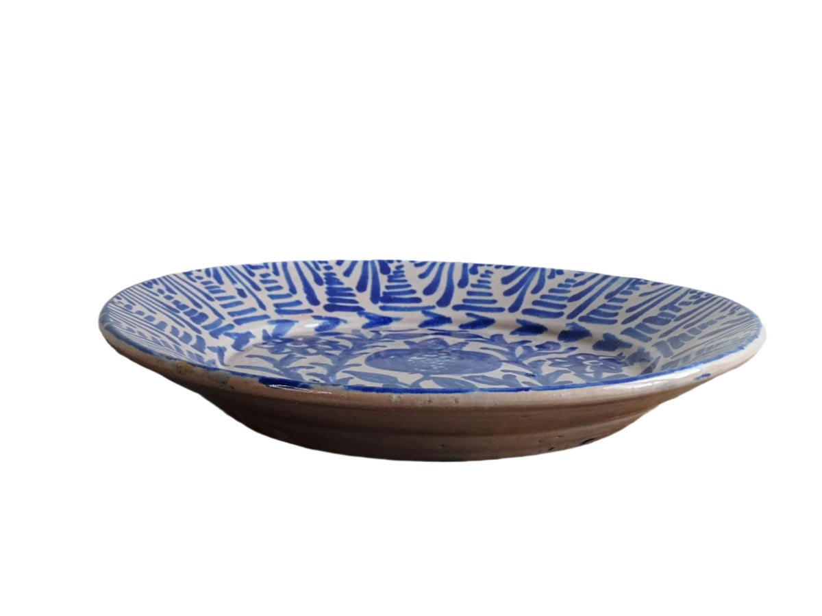 Antique Spanish Fajalauza Plate with Blue Hand-Painted Pomegranate
