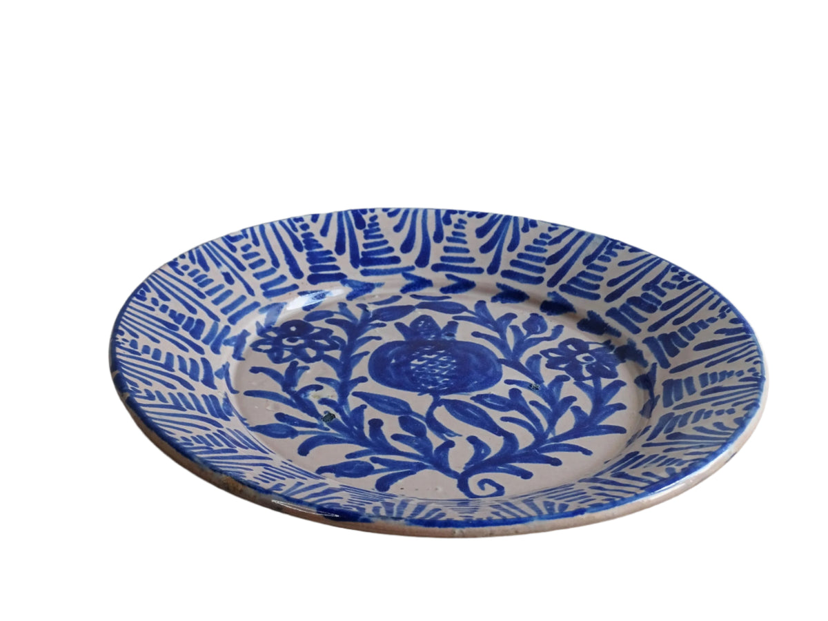 Antique Spanish Fajalauza Plate with Blue Hand-Painted Pomegranate