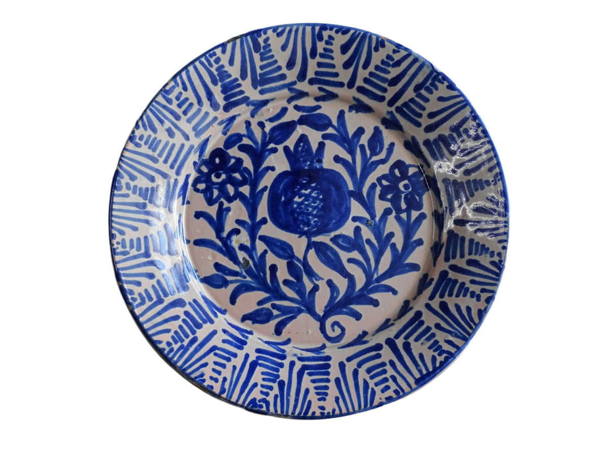 Antique Spanish Fajalauza Plate with Blue Hand-Painted Pomegranate