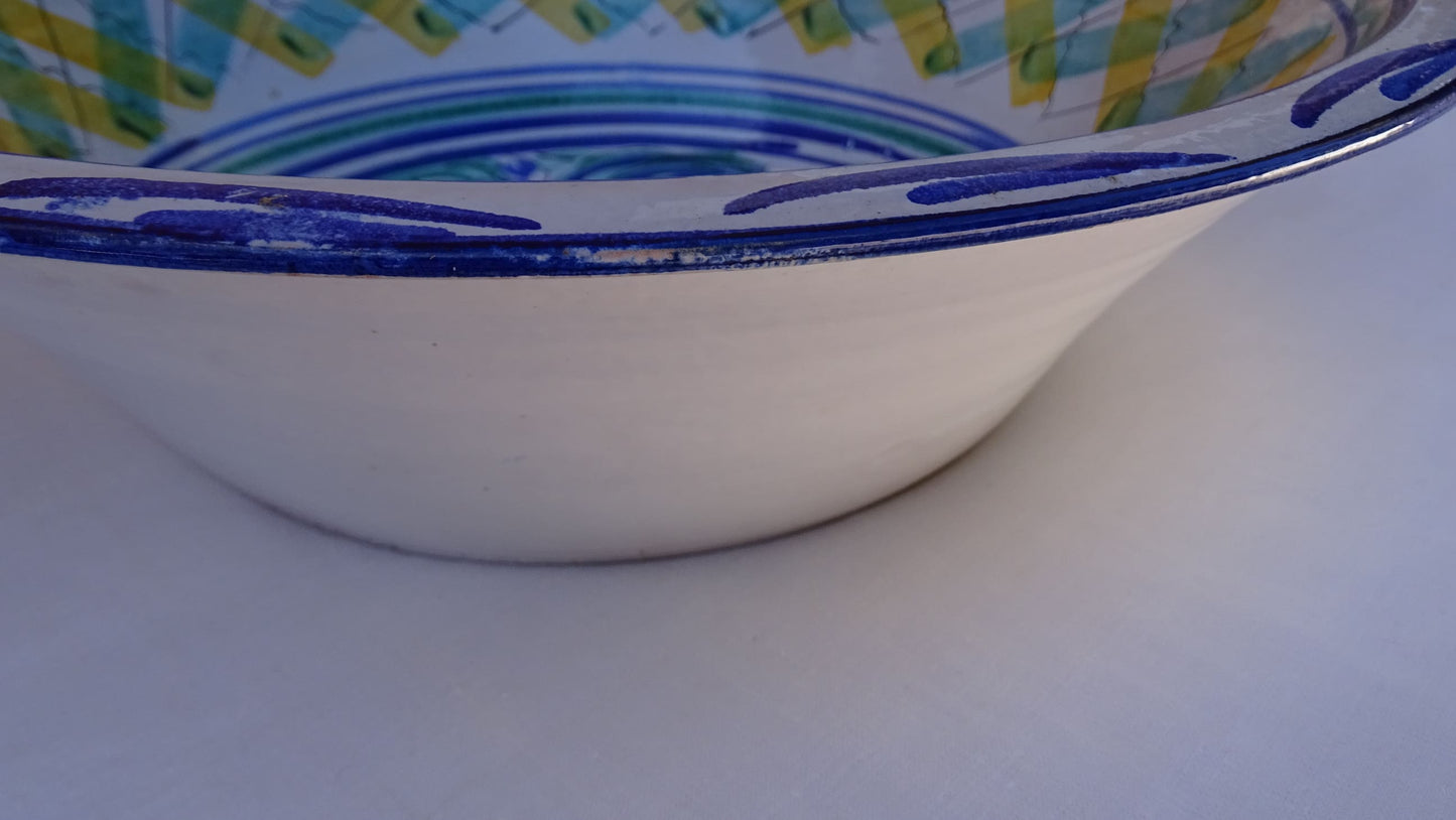 Large Vintage Spanish Triana Pottery Lebrillo with Hand-painted Cockerel Motif in Blue, Green, Yellow and Red. Tin glazed earthenware bowl.