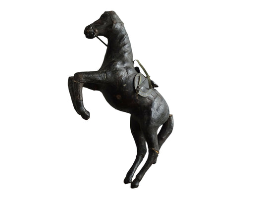 Distressed antique leather horse figurine for vintage shelf decor