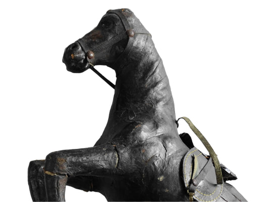 Distressed antique leather horse figurine for vintage shelf decor