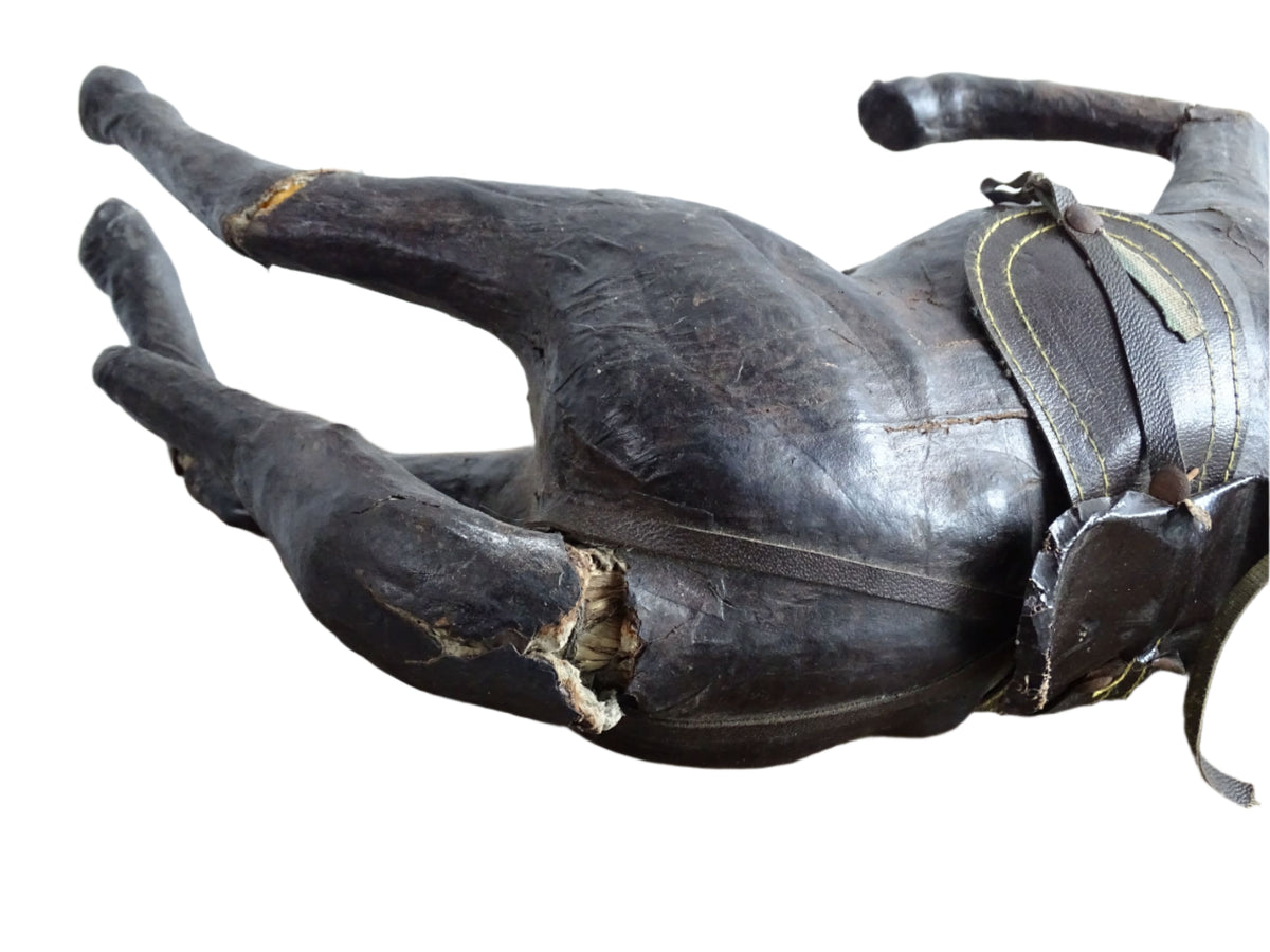 Distressed antique leather horse figurine for vintage shelf decor