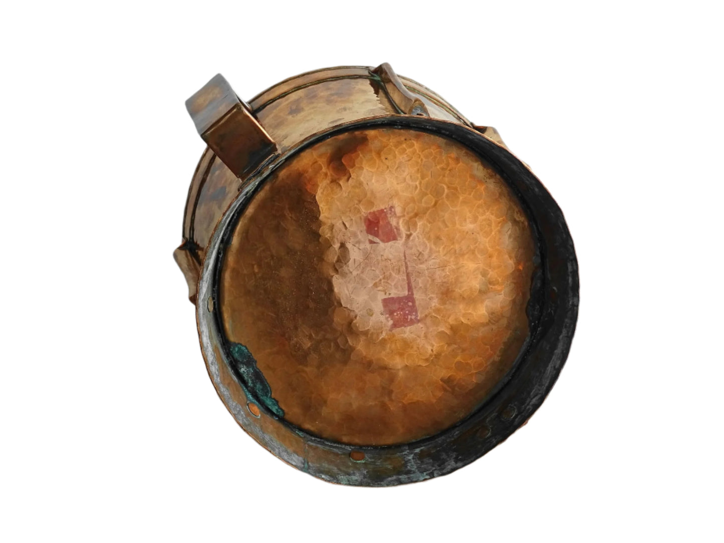 Small antique hammered copper vessel or ferrat with fine detailing and bright patina. Two handled copper pot.