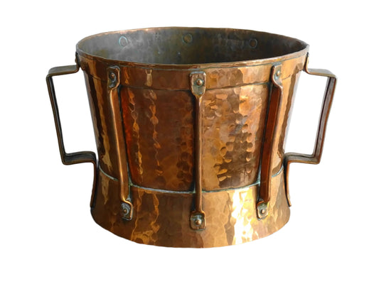 Small antique hammered copper vessel or ferrat with fine detailing and bright patina. Two handled copper pot.