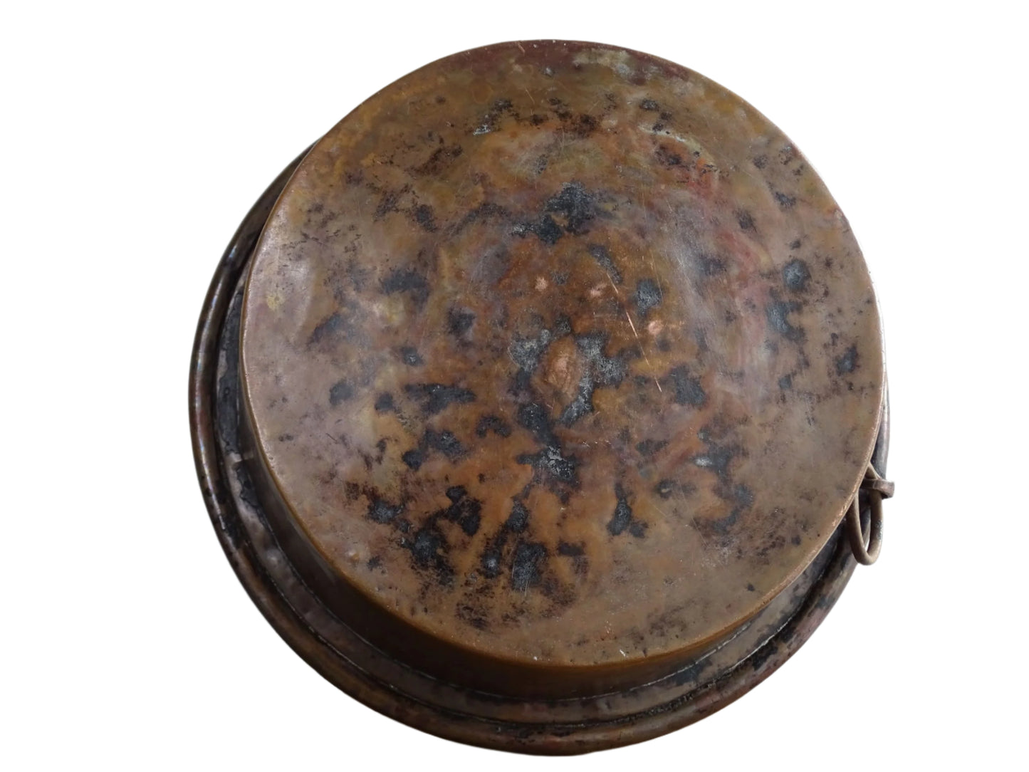 French antique copper mixing bowl with rolled top and handle. Copper bowl with timeworn appearance for a French country farmhouse kitchen.