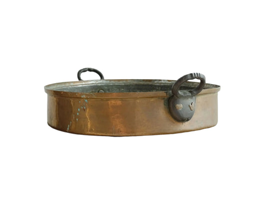 French antique copper pan with two handles and tinned interior. Round copper gratin pan.