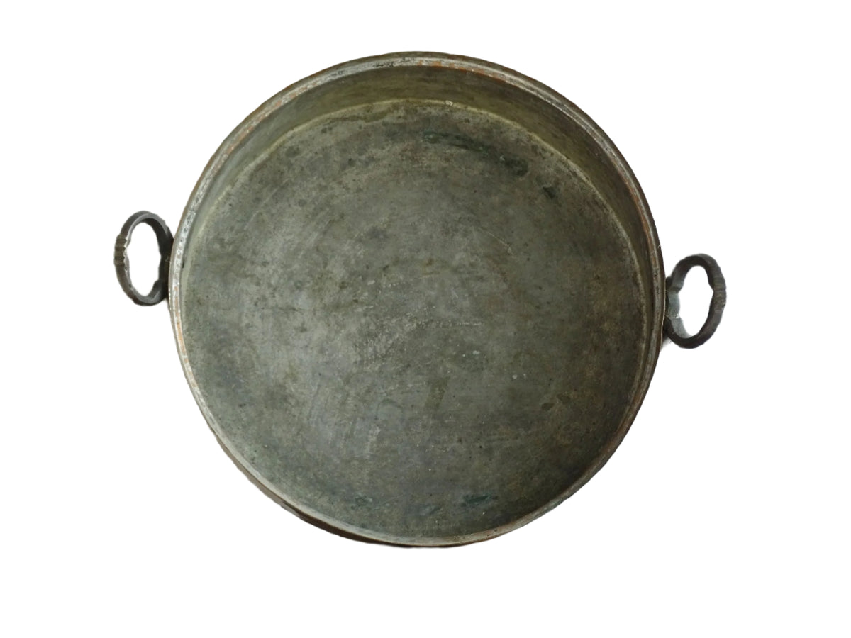 French antique copper pan with two handles and tinned interior. Round copper gratin pan.