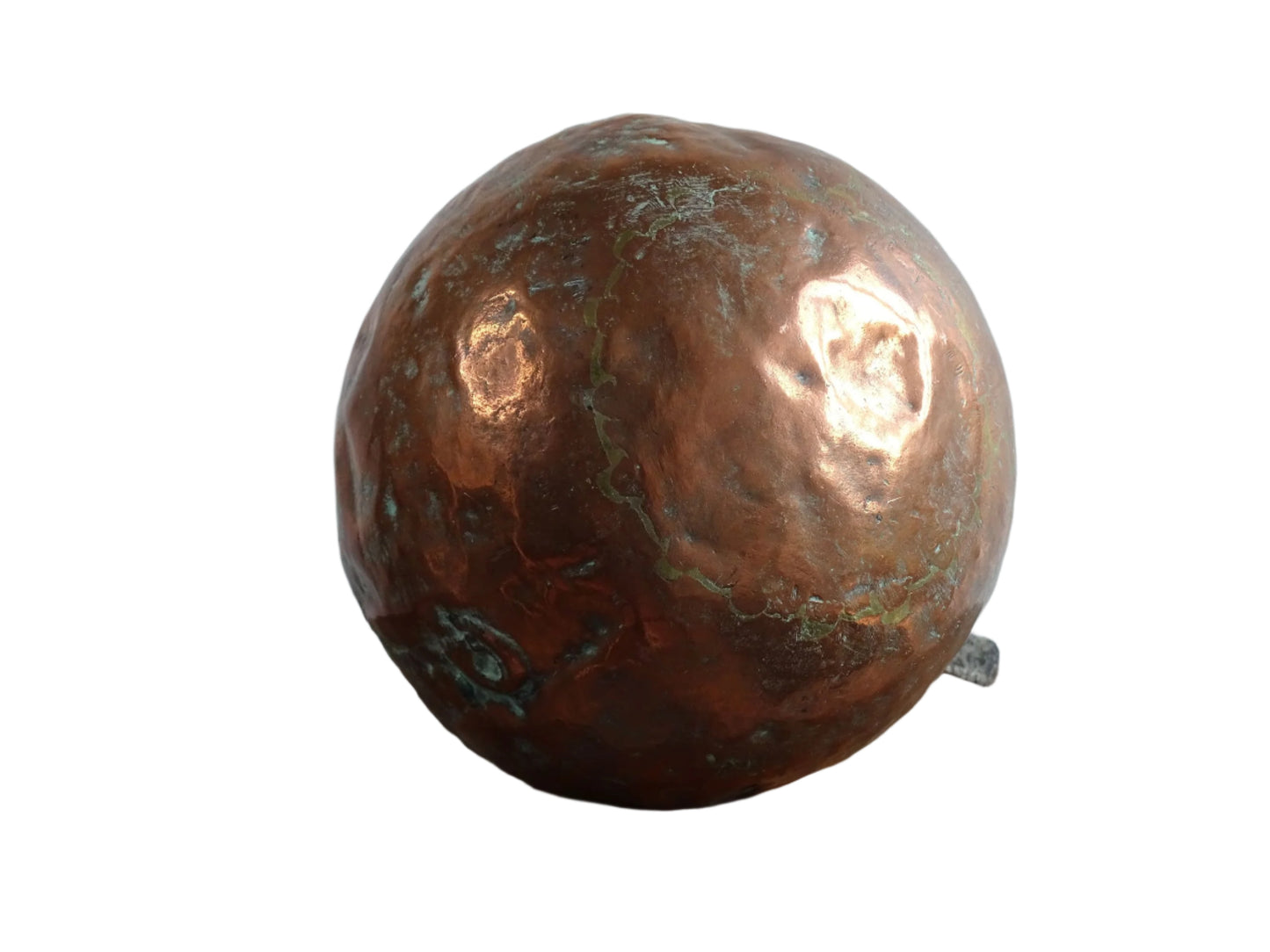 French antique copper zabaglione pan with a curved base, rustic dents, and a rich patina, ideal as a copper kitchen accent in a French farmhouse kitchen, displayed hanging or on a shelf alongside vintage cookware.