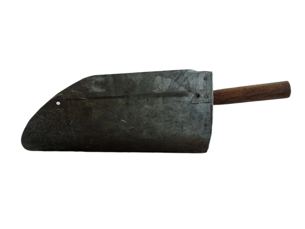 Rustic French antique grain scoop with a galvanised metal scoop and wooden handle with patina. Farmhouse decor.