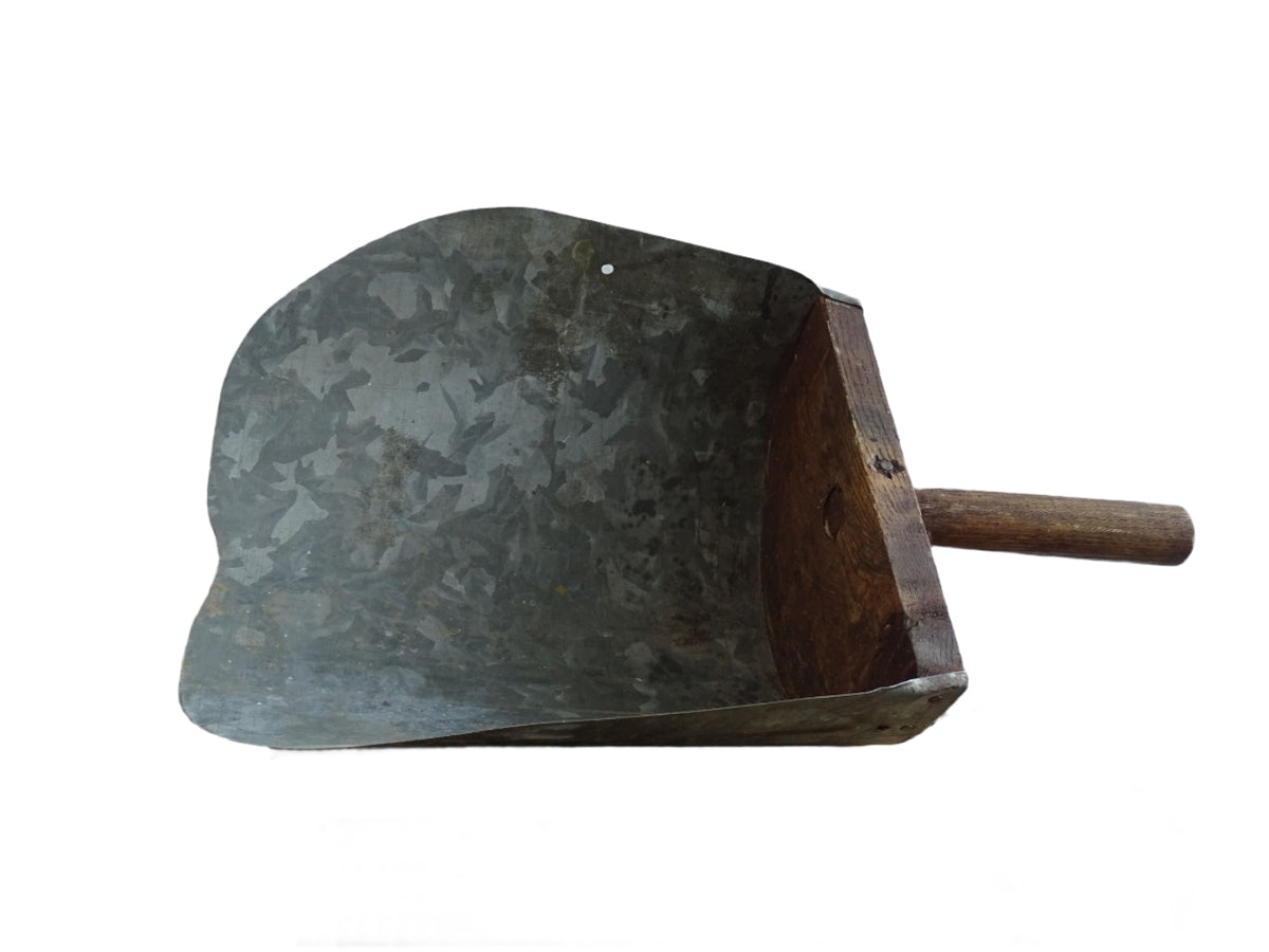 Rustic French antique grain scoop with a galvanised metal scoop and wooden handle with patina. Farmhouse decor.