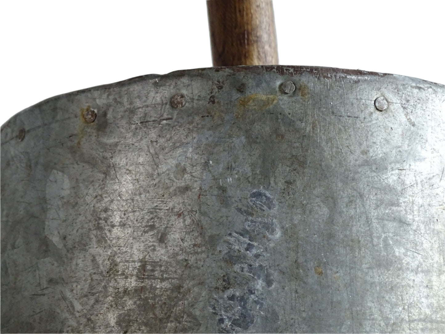 Rustic French antique grain scoop with a galvanised metal scoop and wooden handle with patina. Farmhouse decor.