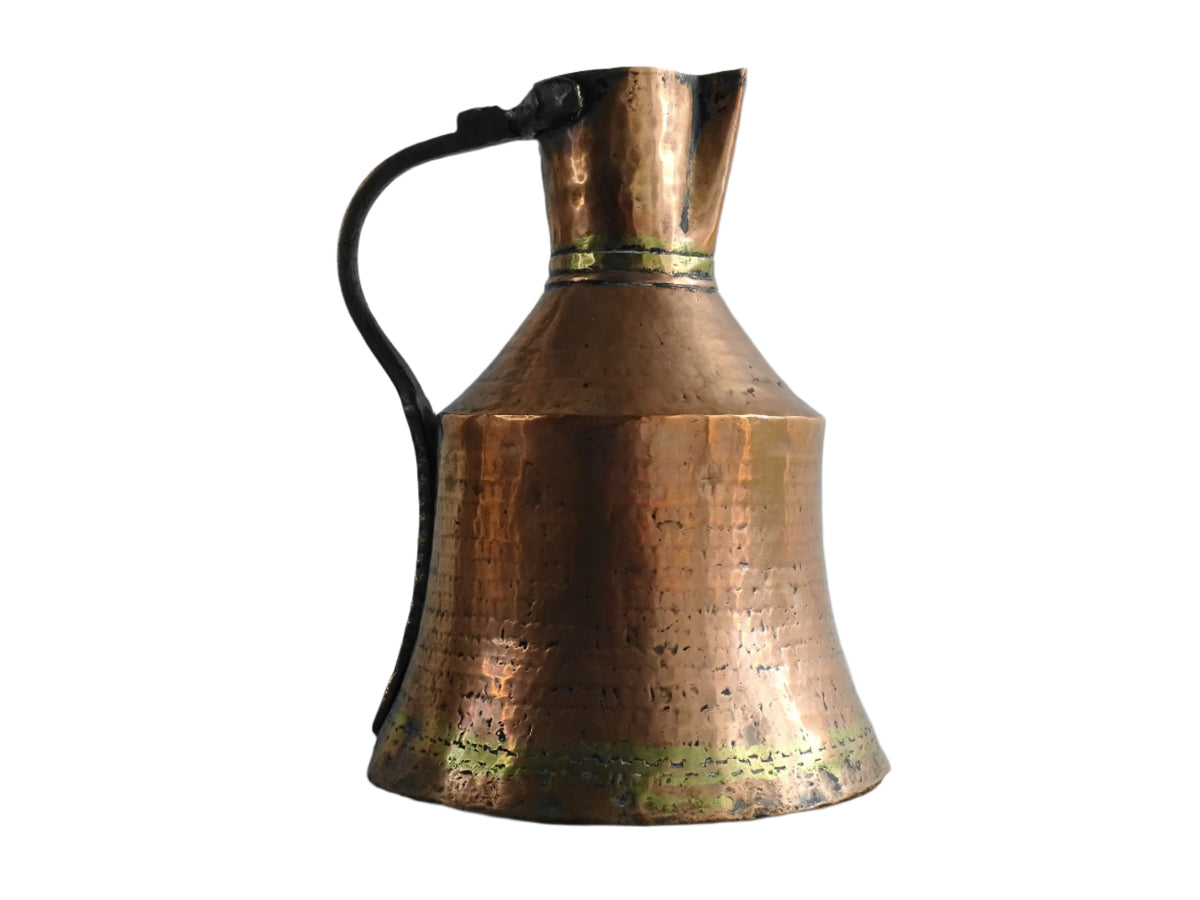 French antique hammered copper pitcher with flared base. Antique copper ewer for a French farmhouse decor.