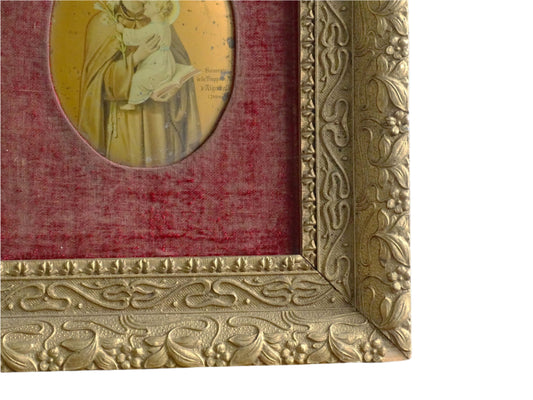 French Antique Lithograph Print of St. Antoine de Padoue or Saint Anthony of Padua in Gold Frame with Red Velvet Inset. Antique Religious Lithograph.
