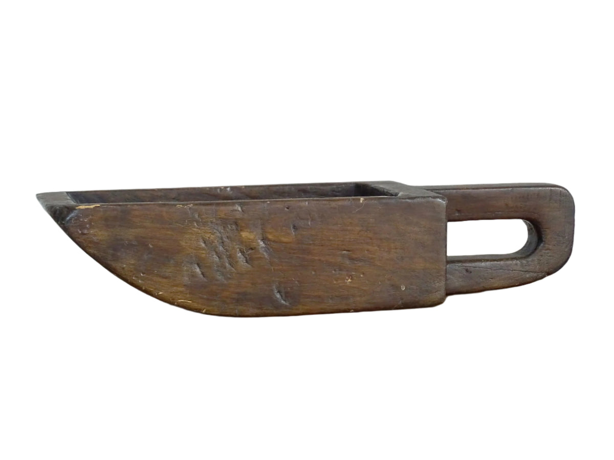 French antique wooden grain scoop with a rich patina, hand-carved grain scoop for rustic French farmhouse decor
