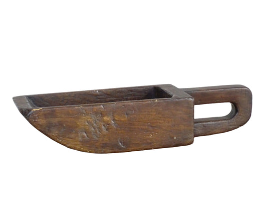 French antique wooden grain scoop with a rich patina, hand-carved grain scoop for rustic French farmhouse decor.