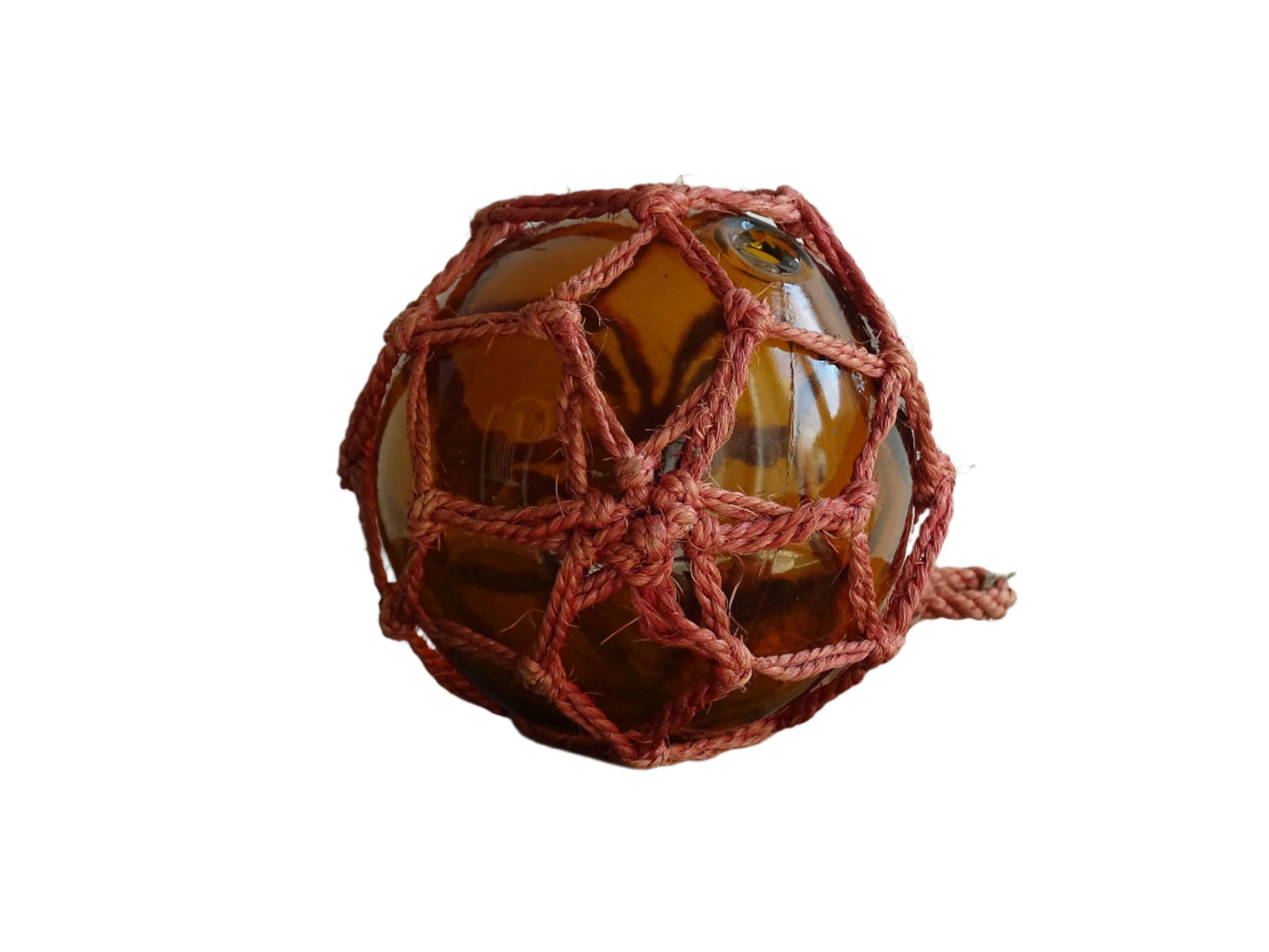 French vintage glass fishing float in amber glass with red rope