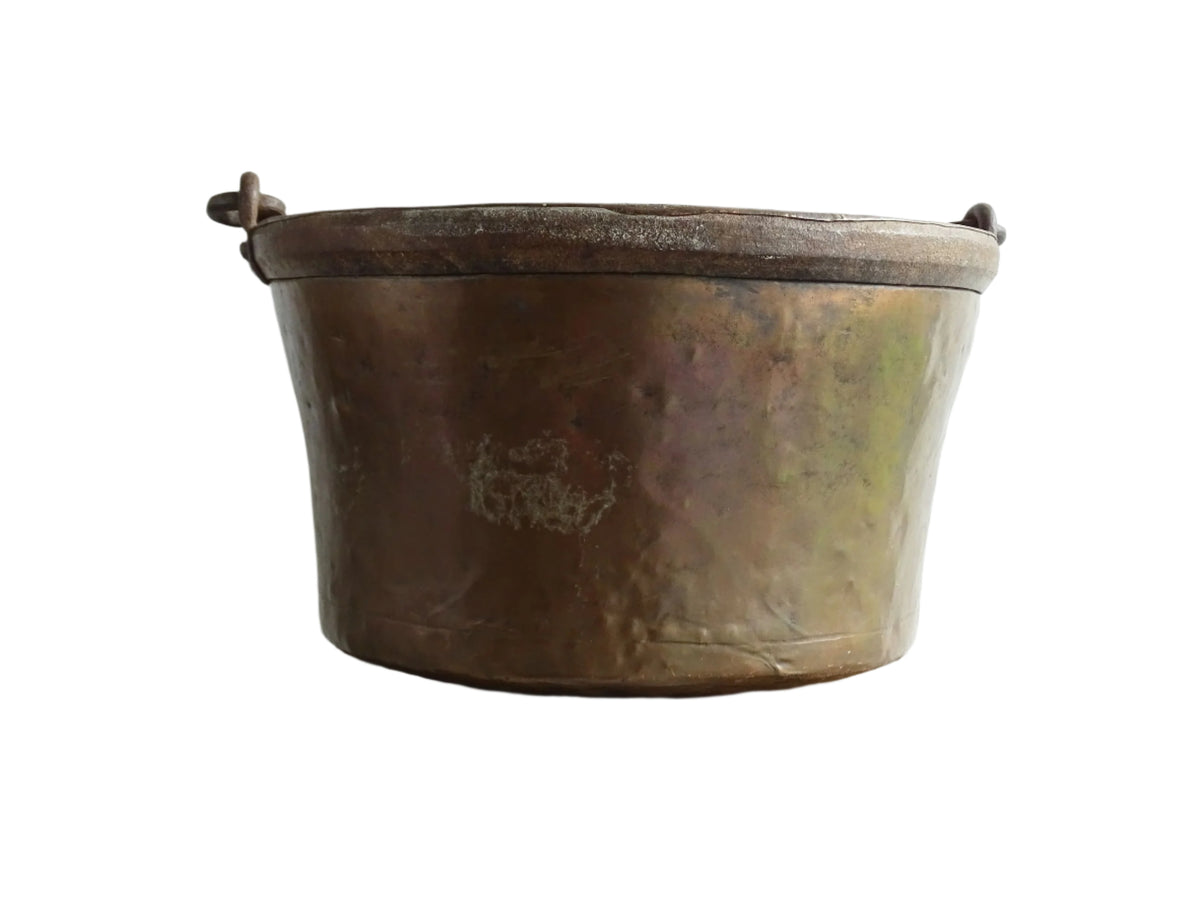 Large Antique French Copper Cauldron or Cooking Pot with Wrought Iron Handle