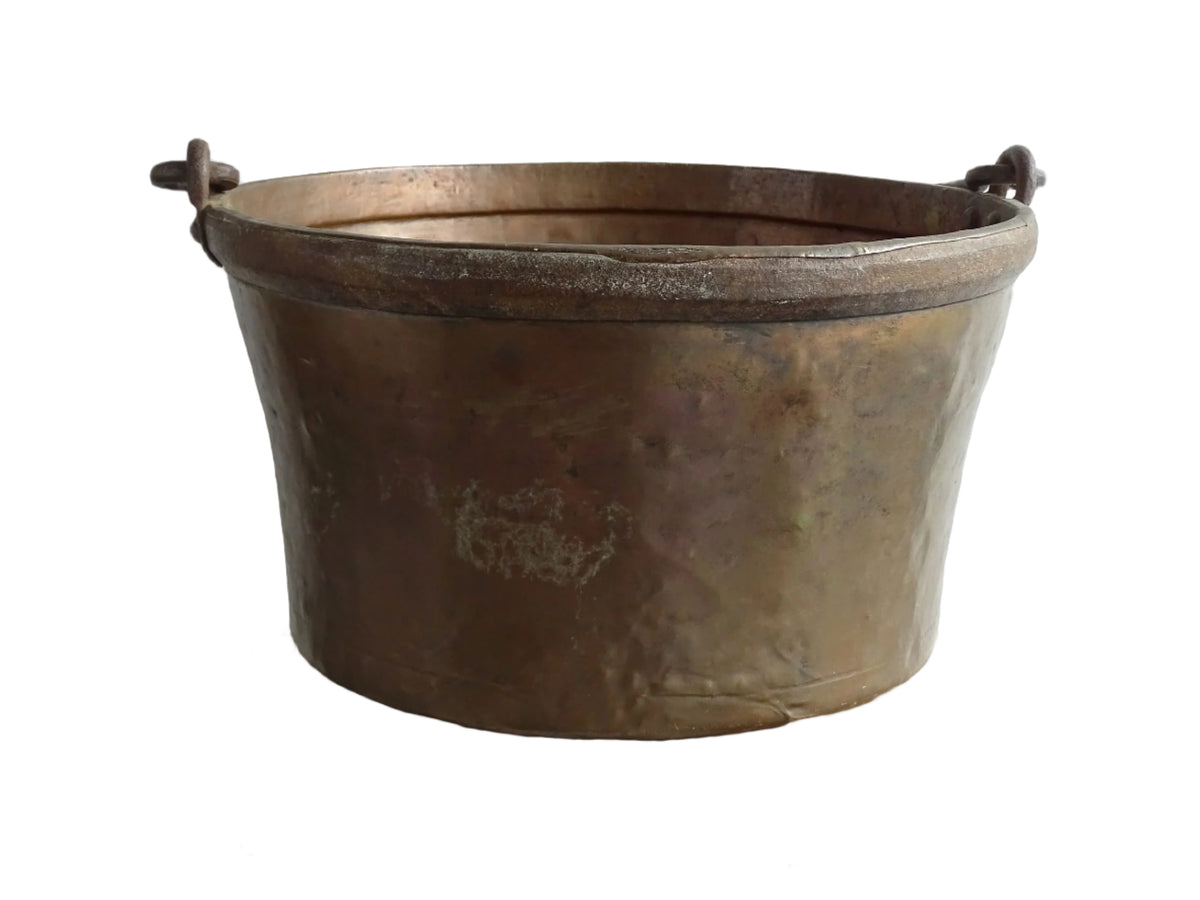 Large Antique French Copper Cauldron or Cooking Pot with Wrought Iron Handle