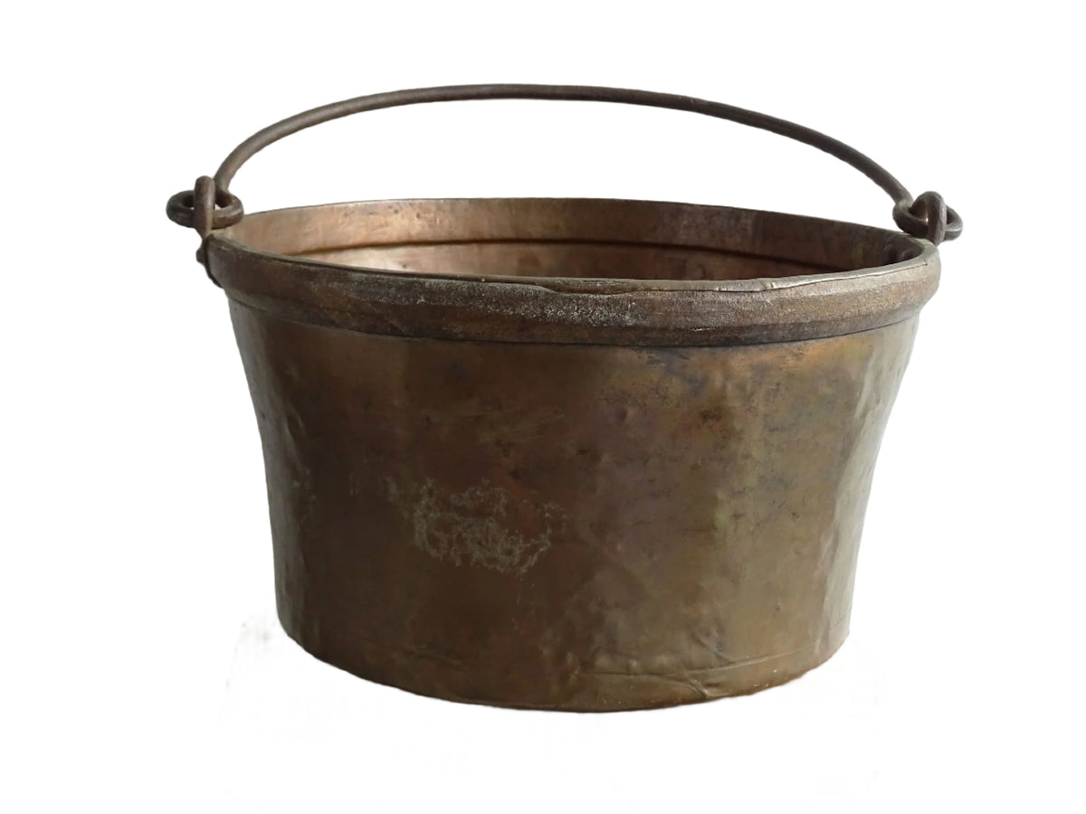 Large Antique French Copper Cauldron or Cooking Pot with Wrought Iron Handle