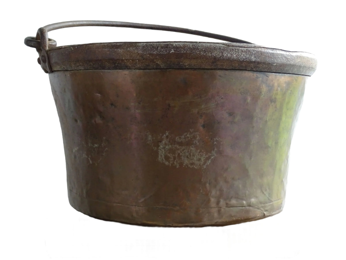 Large Antique French Copper Cauldron or Cooking Pot with Wrought Iron Handle