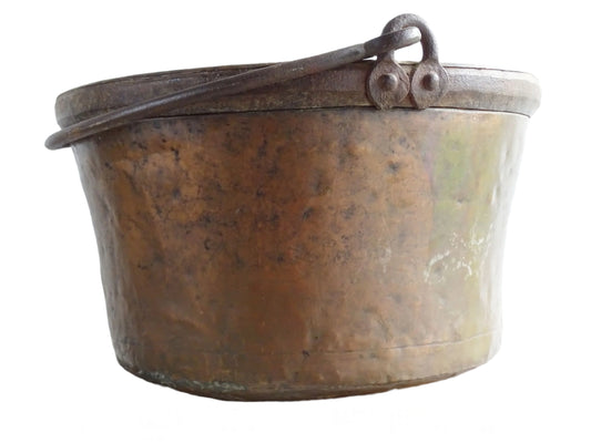 Large Antique French Copper Cauldron or Cooking Pot with Wrought Iron Handle