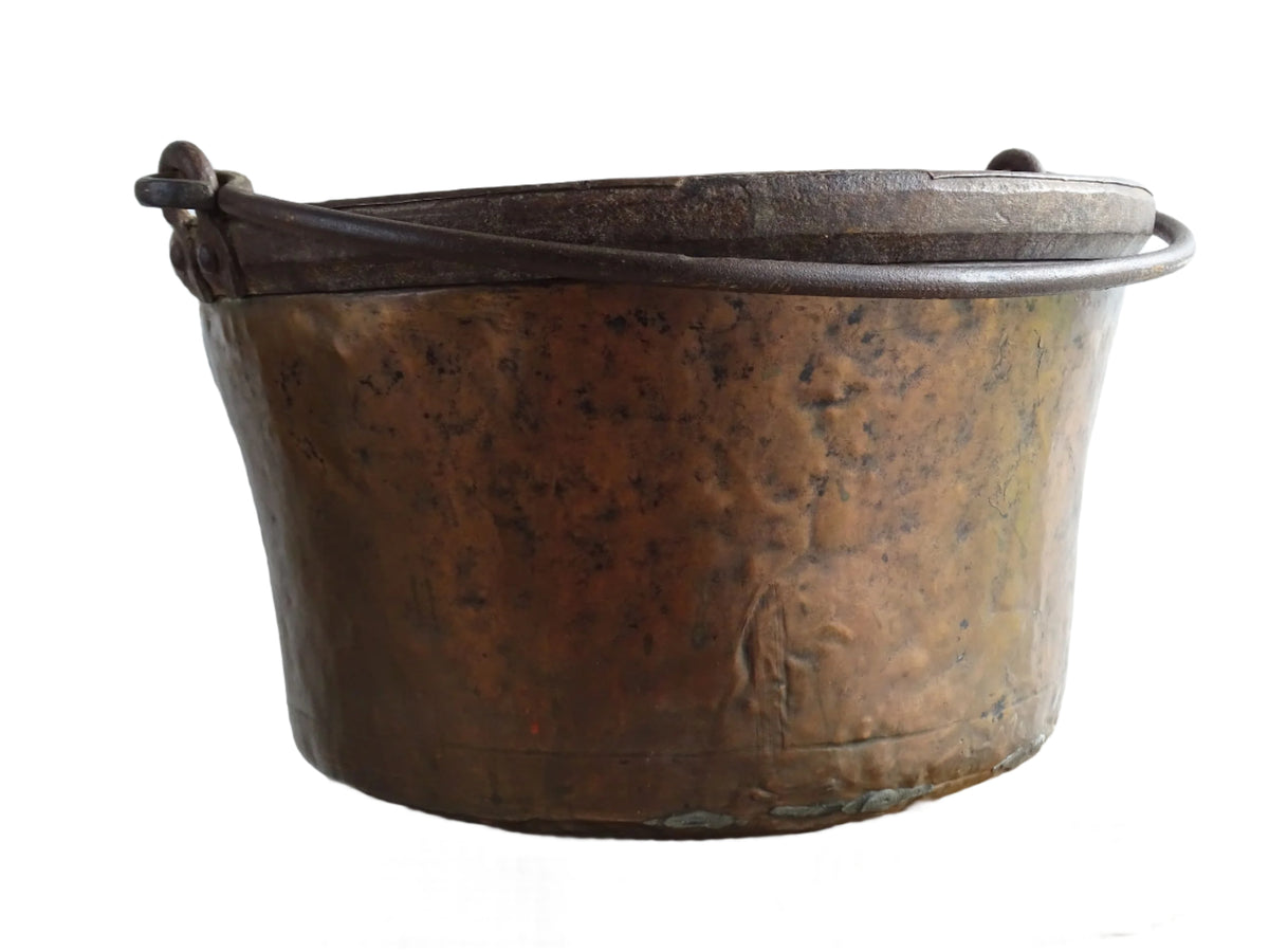 Large Antique French Copper Cauldron or Cooking Pot with Wrought Iron Handle