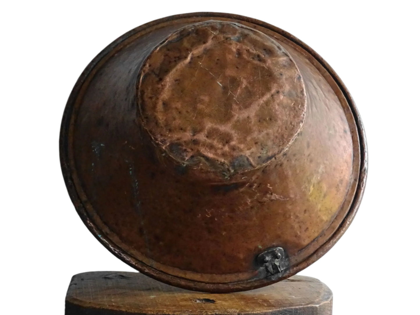 Large French antique copper bowl, it has an aged exterior with a warm patina and a tinned copper interior. It has a flared shape and substantial size. French farmhouse aesthetic decor.