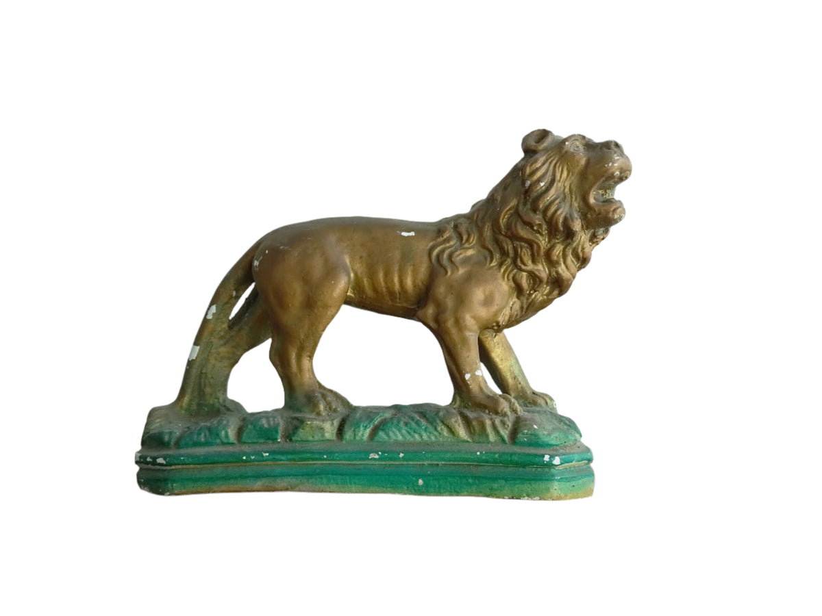 Naïve Painted Plaster Lion Painted Gold with a Green Base