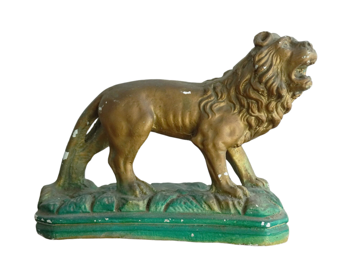 Naïve Painted Plaster Lion Painted Gold with a Green Base